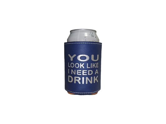 Insulated Leatherette Coozie - Blue/Silver